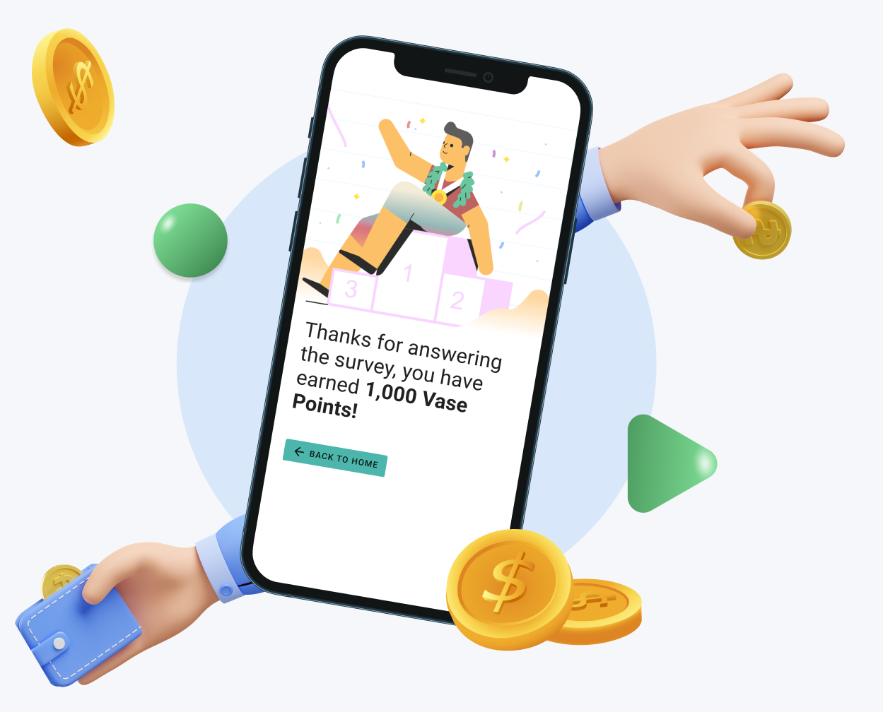 Phone showing 1,000 Vase Points earned, with coins and a wallet