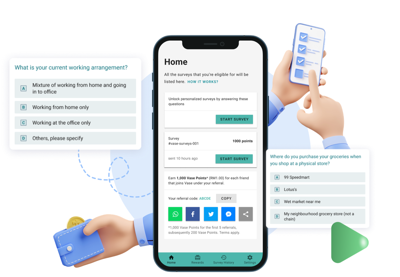 The Vase Surveys app showing available surveys and sample questions